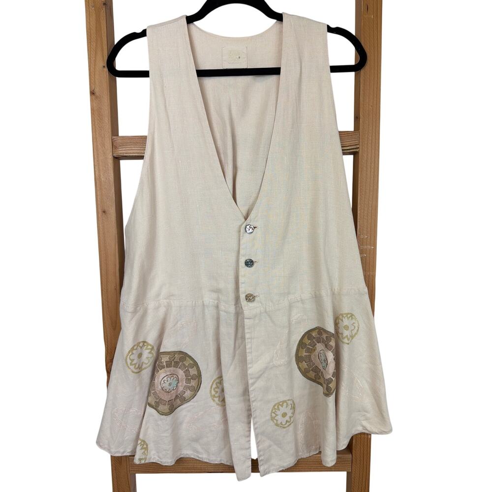 Vintage 90's Blue Fish Made USA Cream Hand Painted Sleeveless Linen Vest Top M L